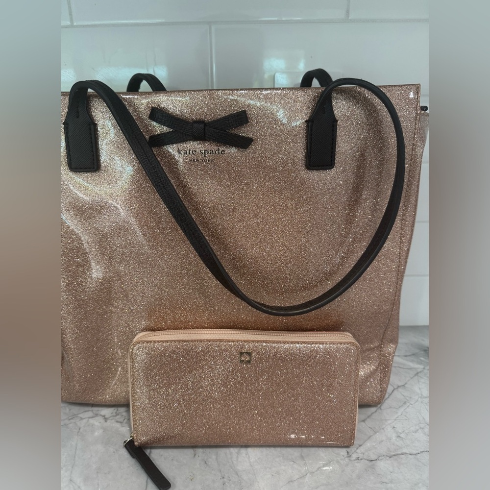 Kate Spade Mavis Street Rose Gold Glitter Tote & Matching Wallet